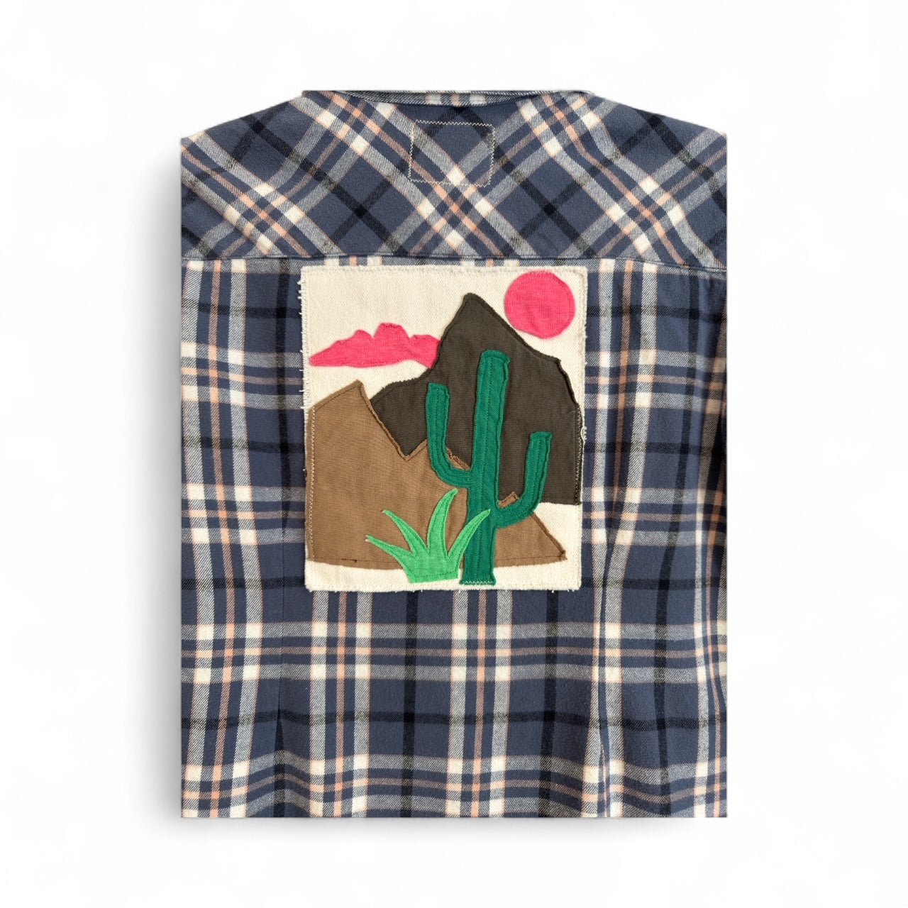 Desert Series Flannel Shirt – Blue, White and Pale Pink with Art Applique (S)