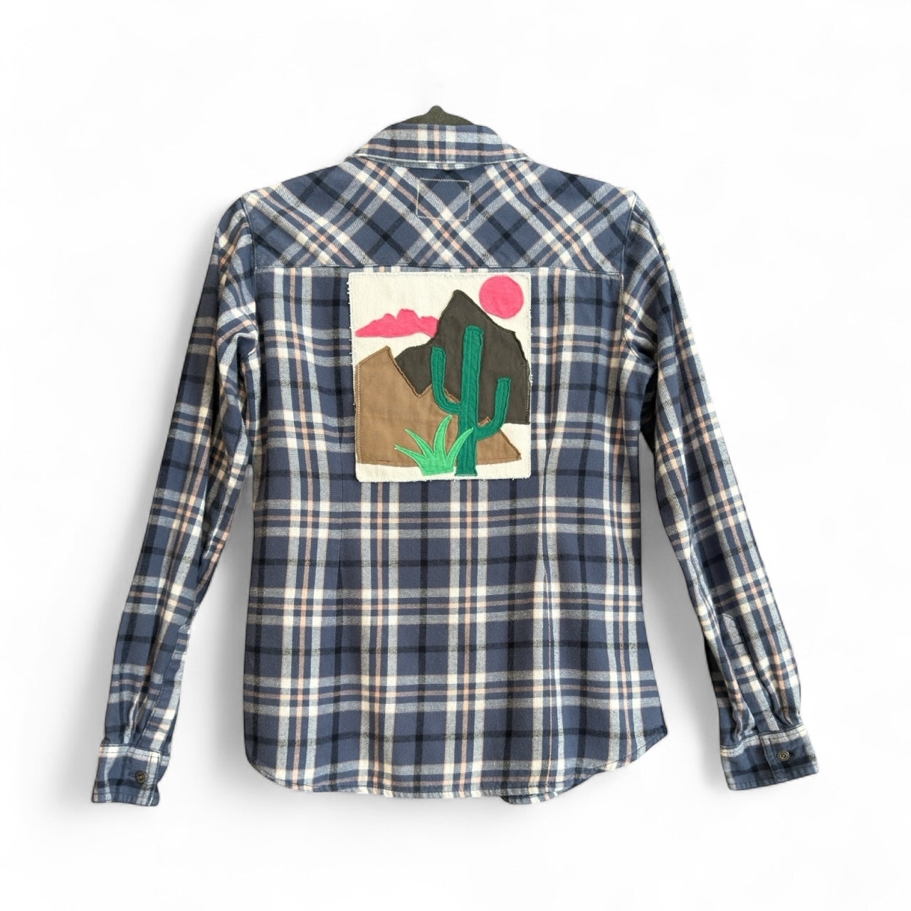 Desert Series Flannel Shirt – Blue, White and Pale Pink with Art Applique (S)