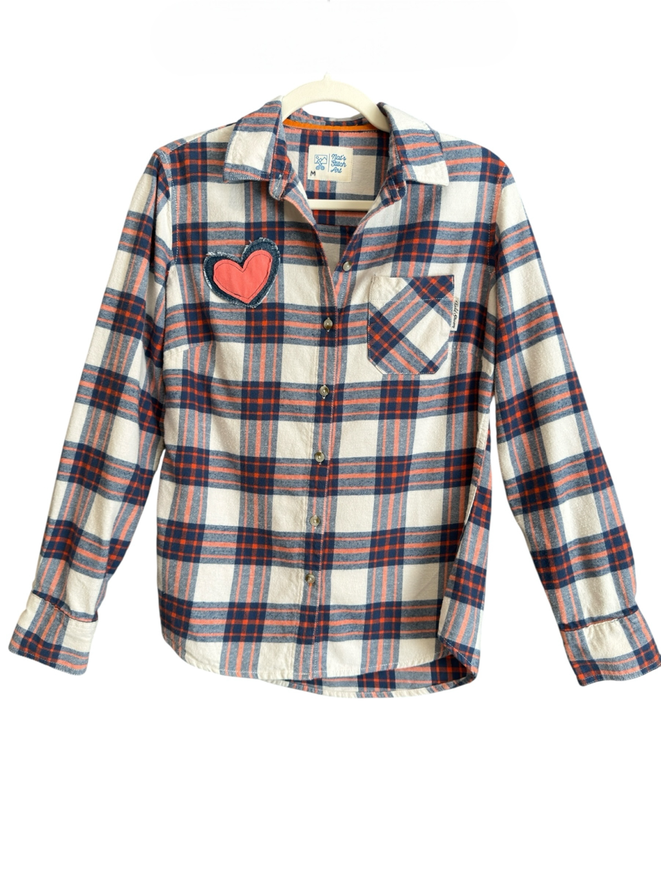 Desert Series Flannel Shirt - White, Coral & Blue Plaid with Art Applique (M)