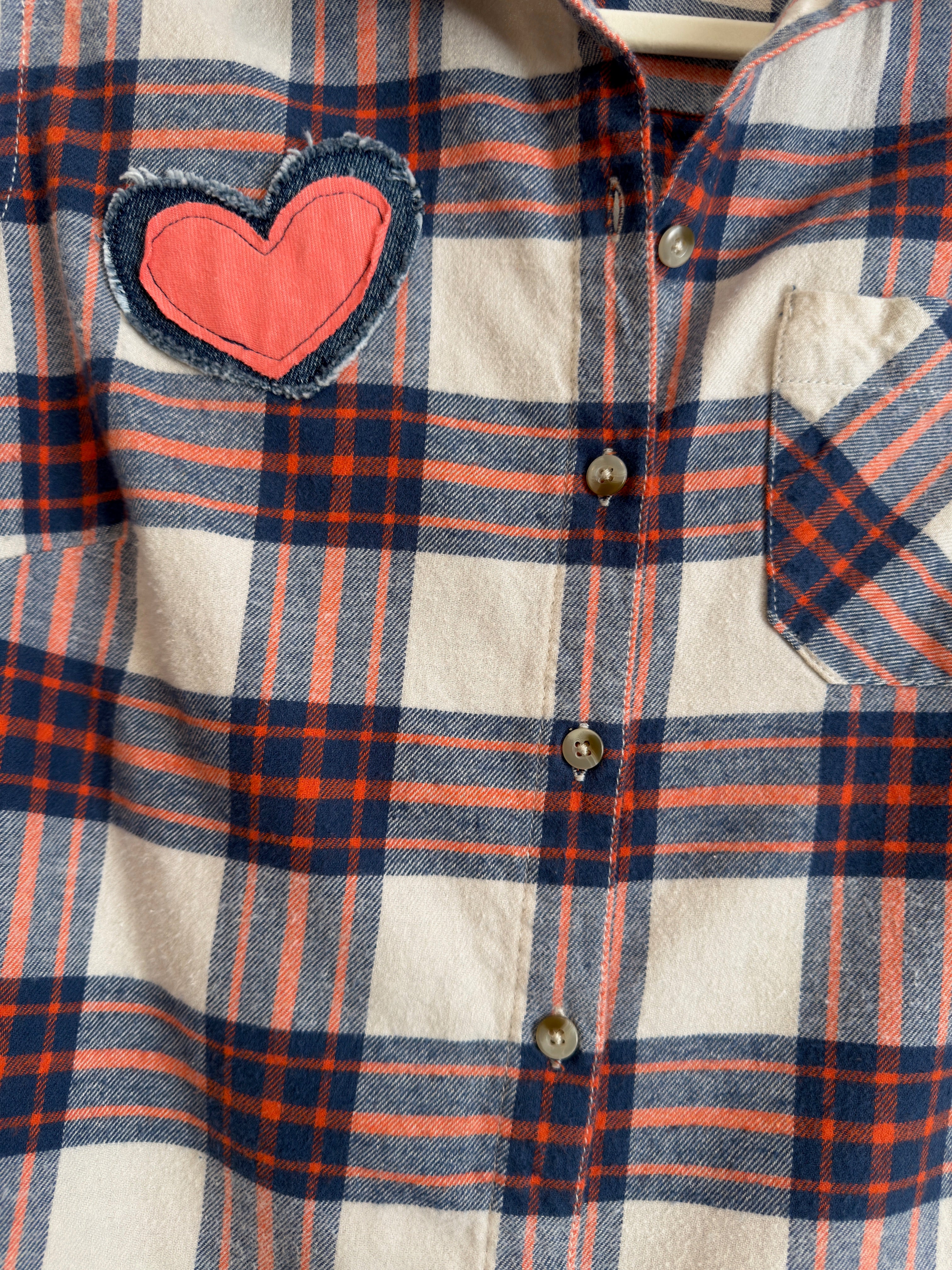 Desert Series Flannel Shirt - White, Coral & Blue Plaid with Art Applique (M)