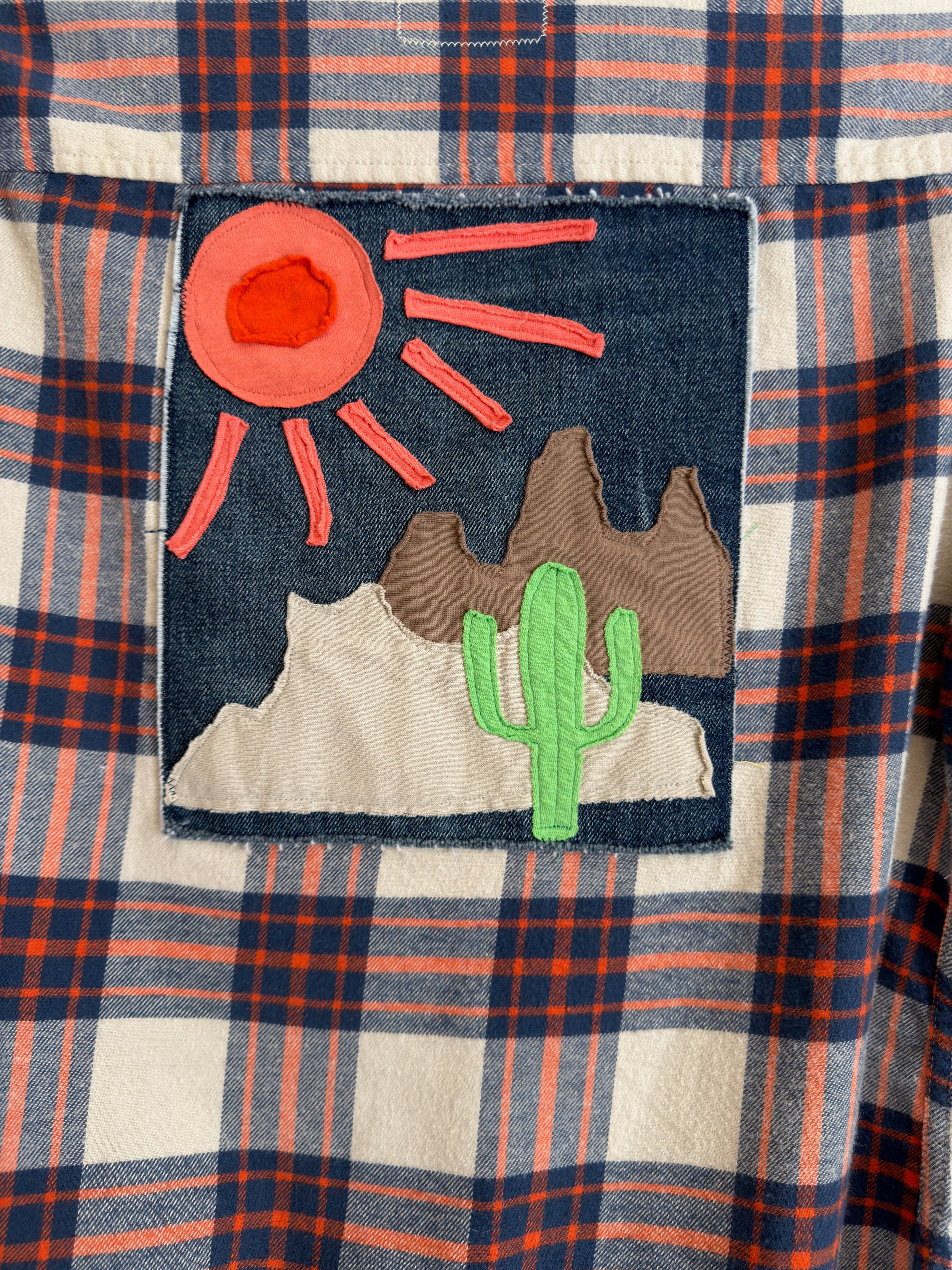 Desert Series Flannel Shirt - White, Coral & Blue Plaid with Art Applique (M)