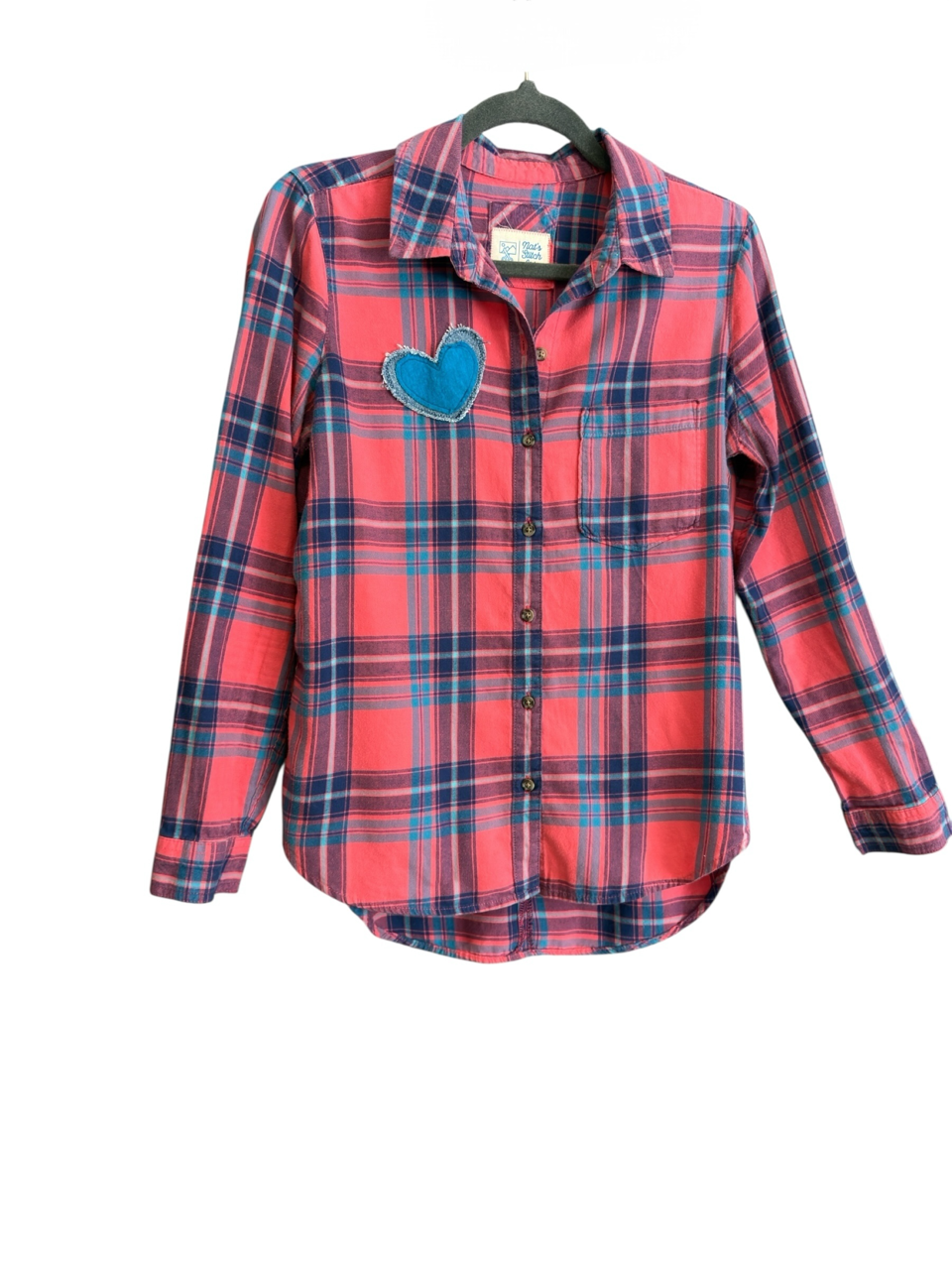 Desert Series Flannel Shirt - Coral & Blue Plaid with Art Applique (M)