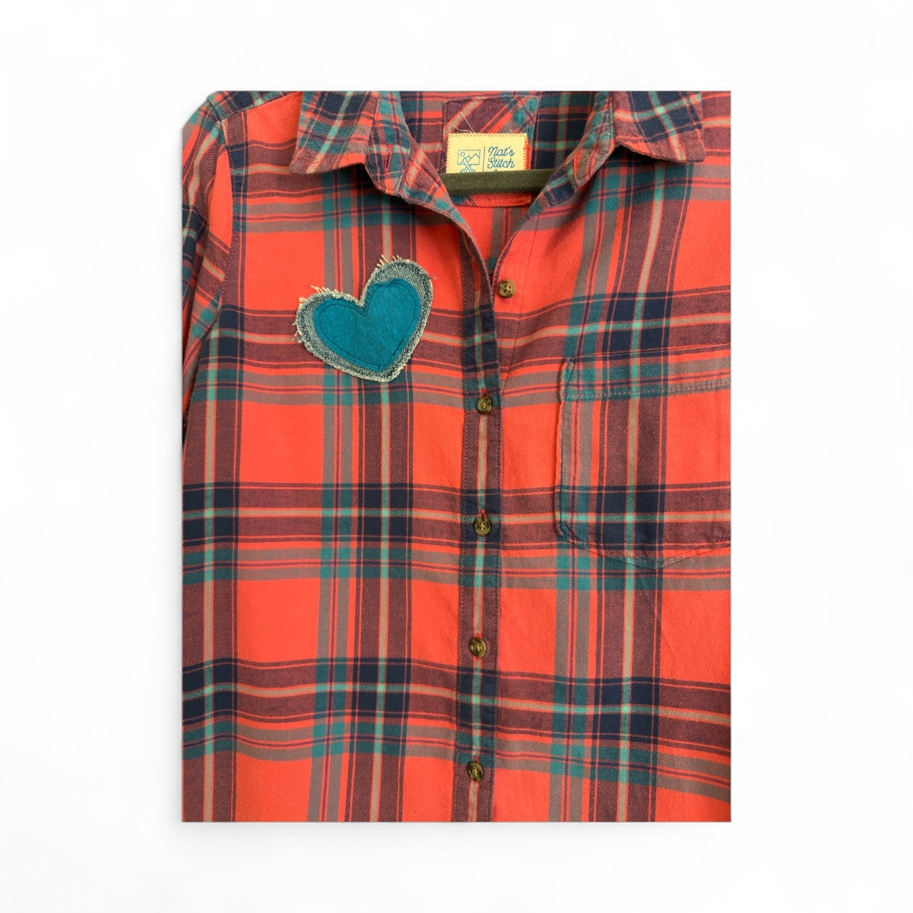Desert Series Flannel Shirt - Coral & Blue Plaid with Art Applique (M)