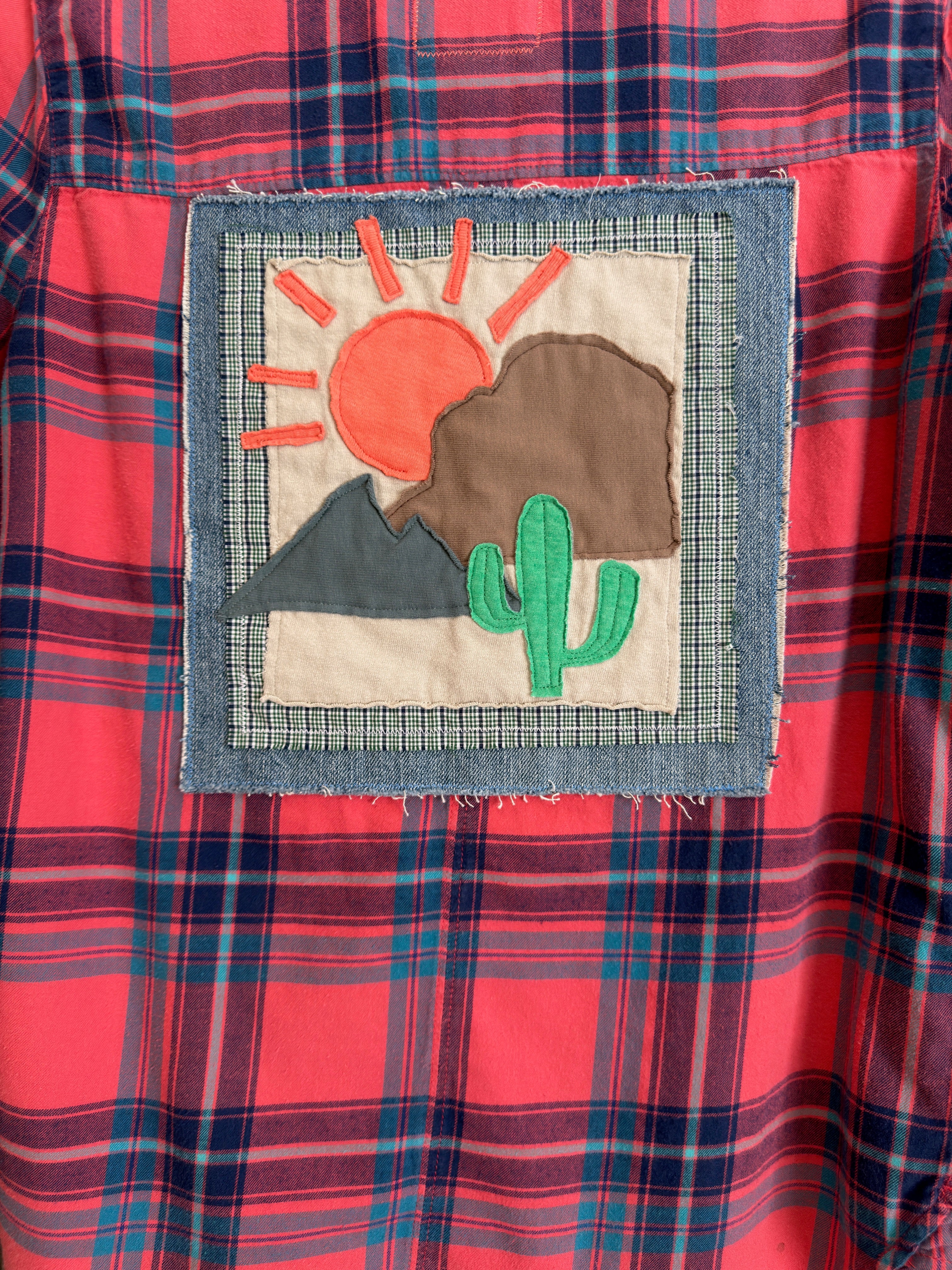 Desert Series Flannel Shirt - Coral & Blue Plaid with Art Applique (M)