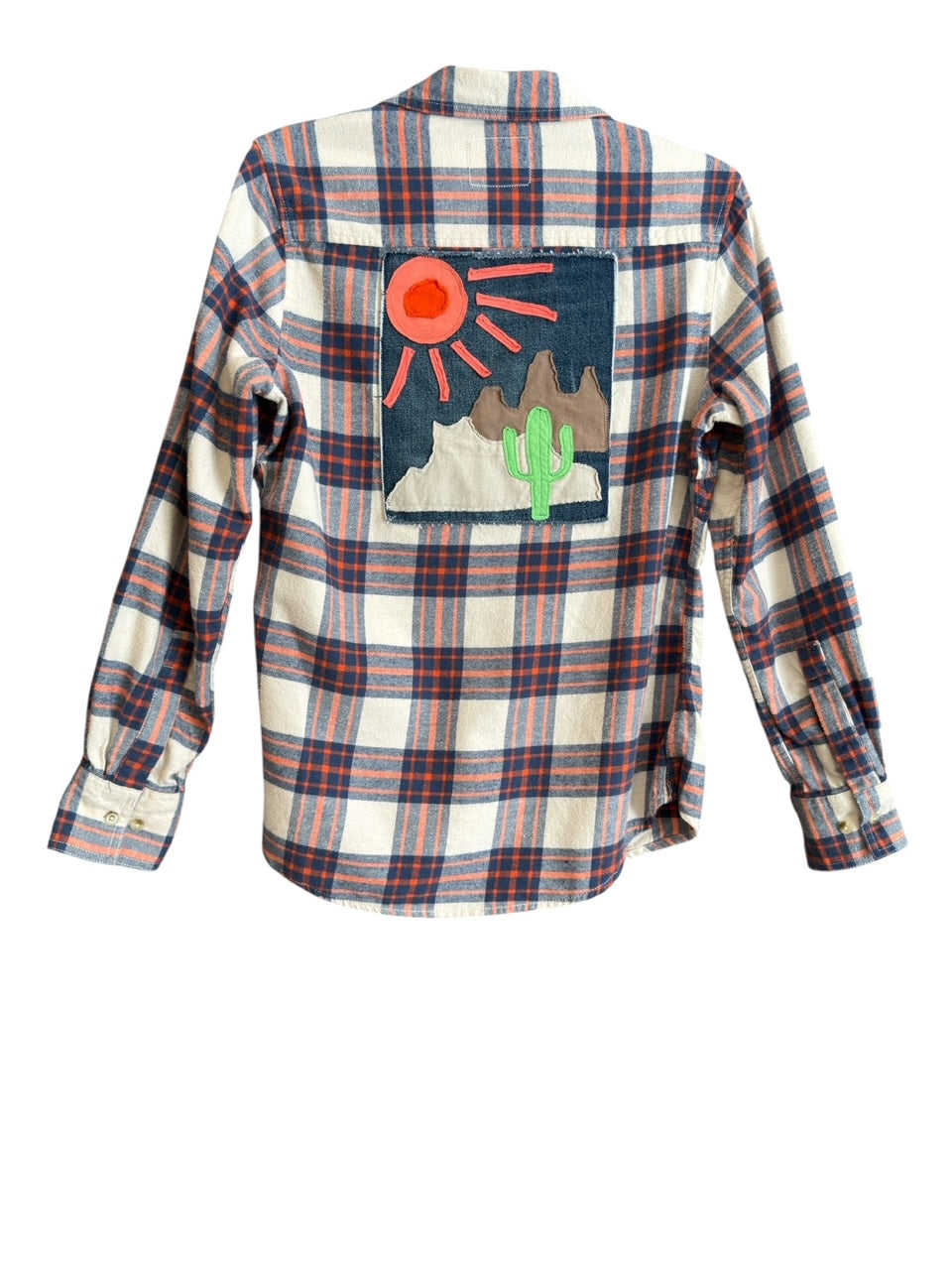 Desert Series Flannel Shirt - White, Coral & Blue Plaid with Art Applique (M)