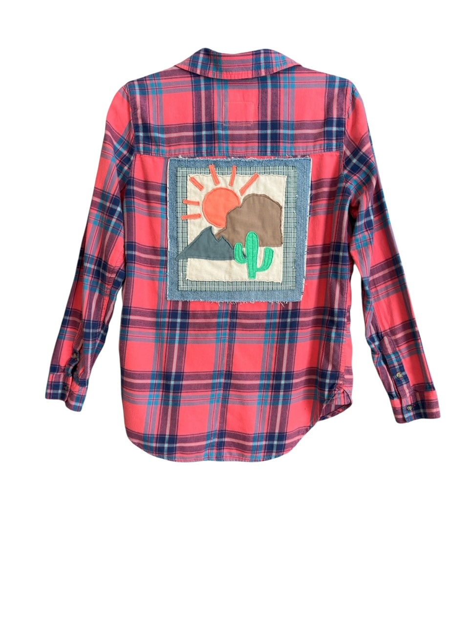 Desert Series Flannel Shirt - Coral & Blue Plaid with Art Applique (M)