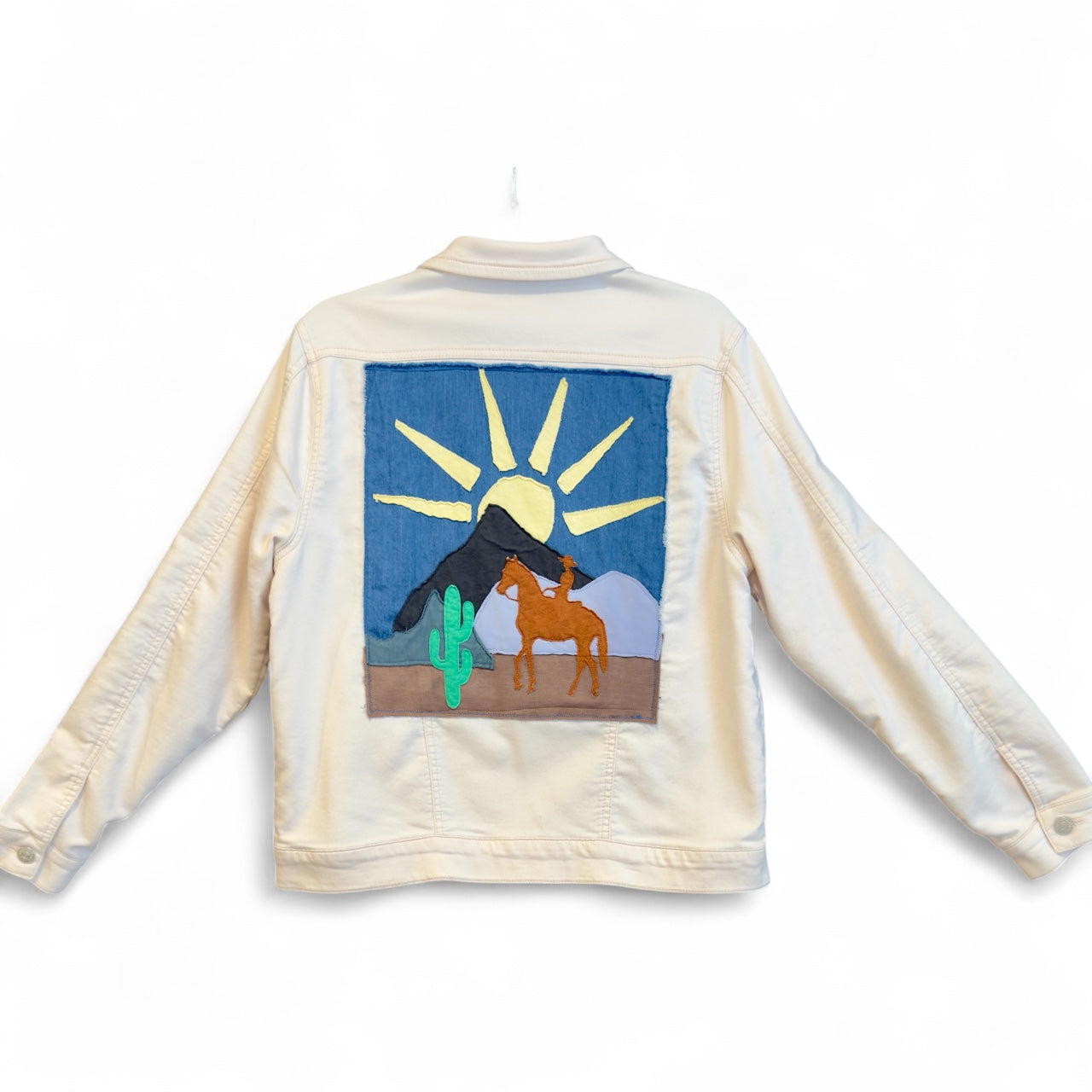 Upcycled Denim-Style Jacket with Sunrise Rider Art Applique (L)