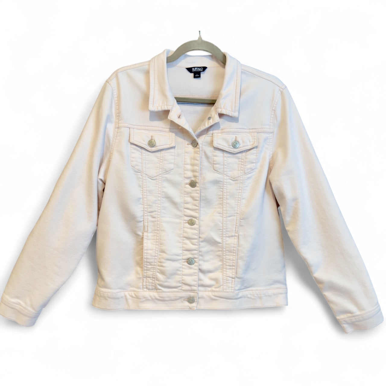 Upcycled Denim-Style Jacket with Sunrise Rider Art Applique (L)