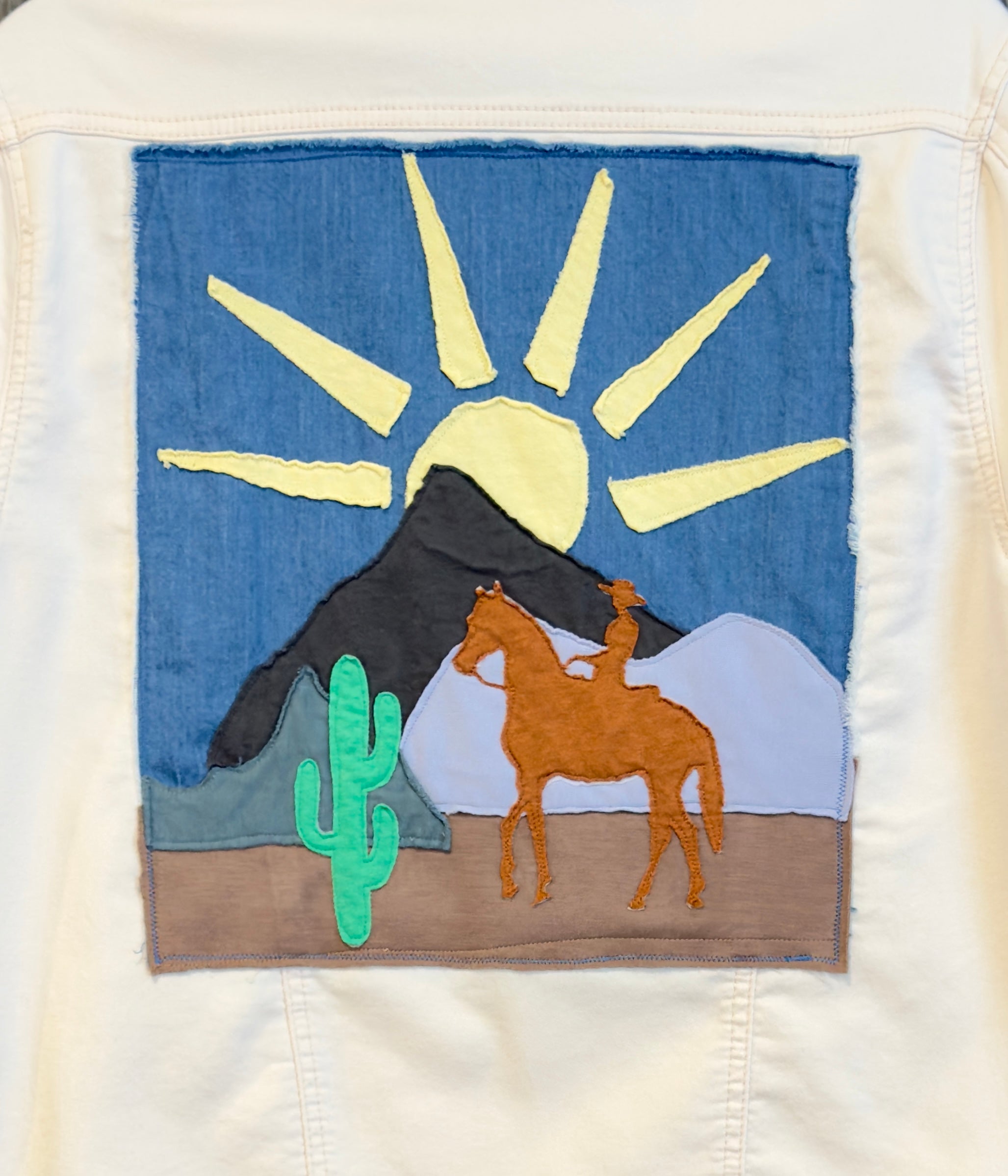 Upcycled Denim-Style Jacket with Sunrise Rider Art Applique (L)