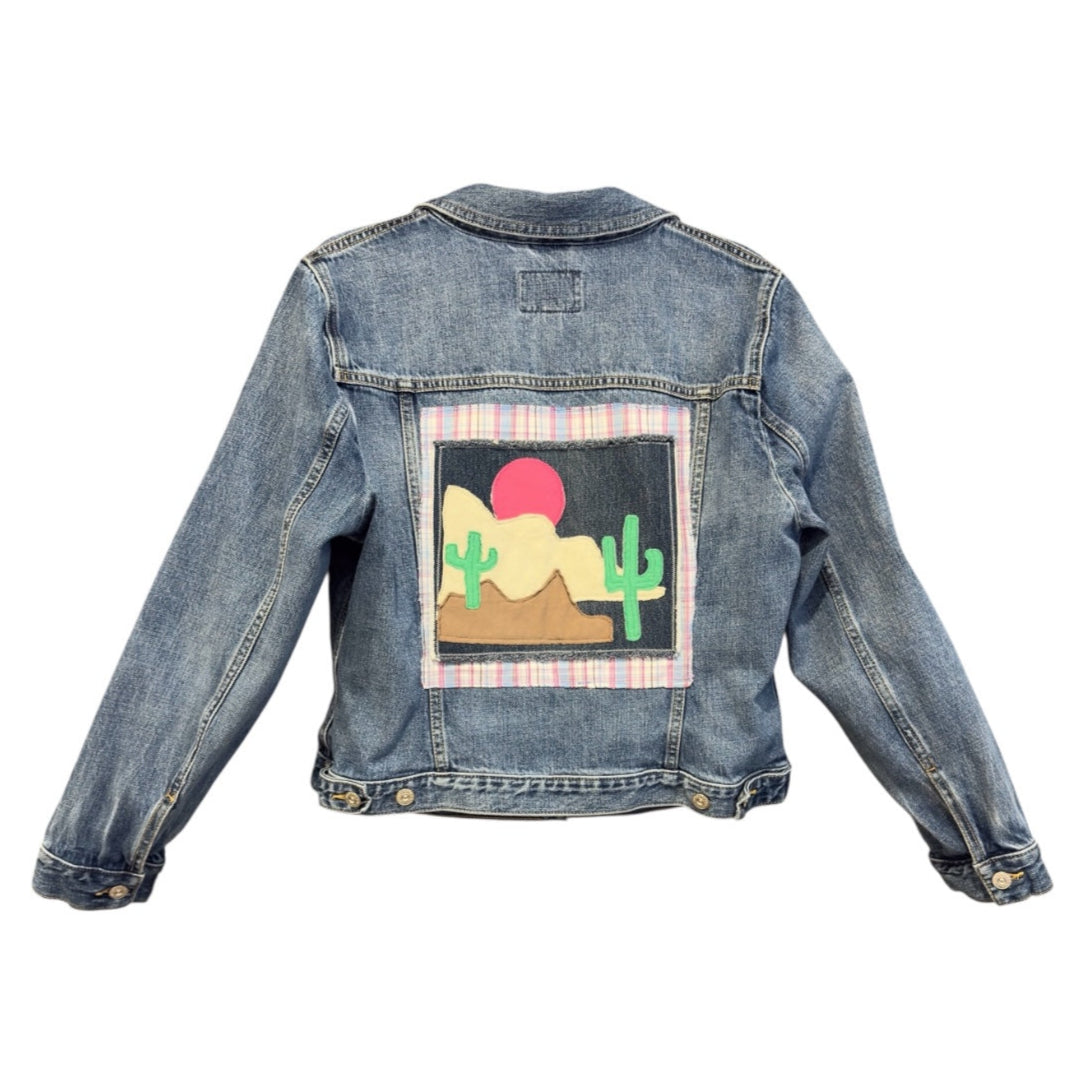 Upcycled Denim Jacket with Desert Sunset Art Applique (L)