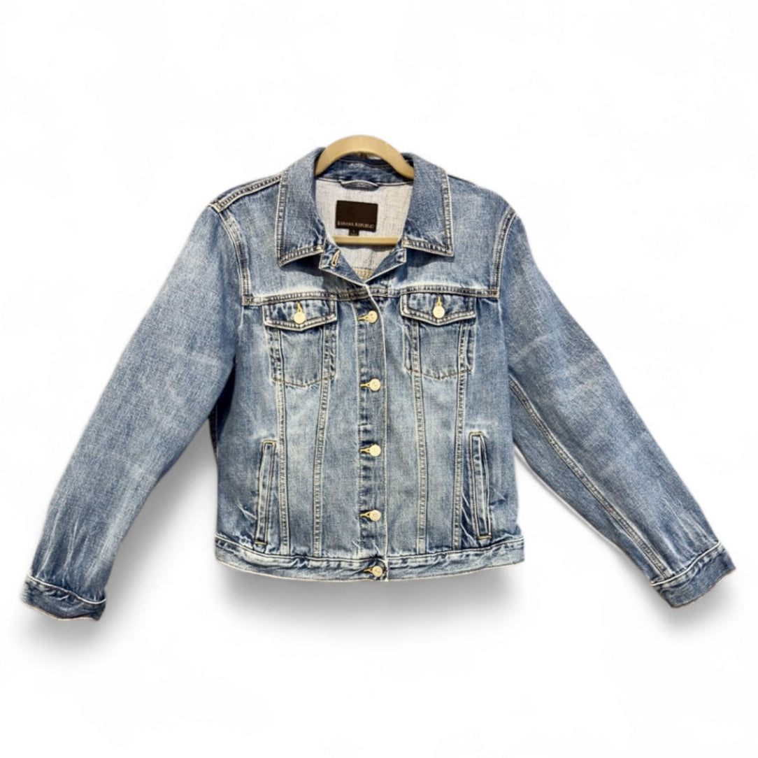 Upcycled Denim Jacket with Desert Sunset Art Applique (L)