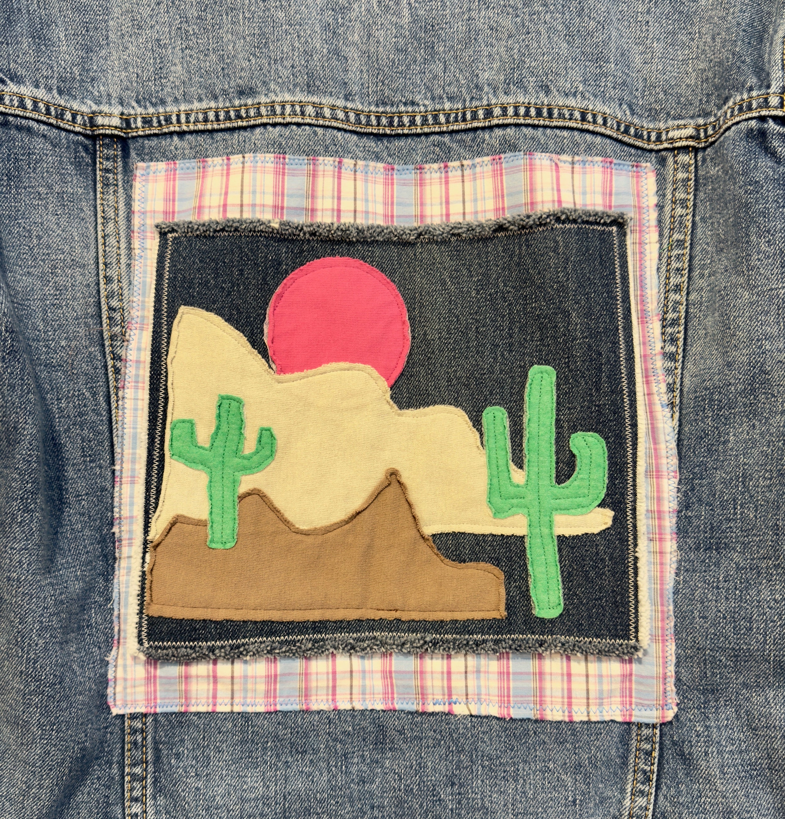 Upcycled Denim Jacket with Desert Sunset Art Applique (L)