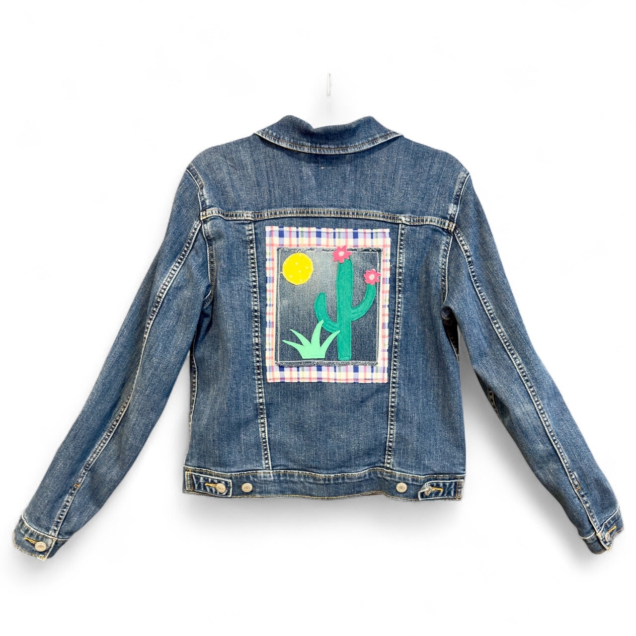Upcycled Denim Jacket with Blooming Cactus Art Applique (L)