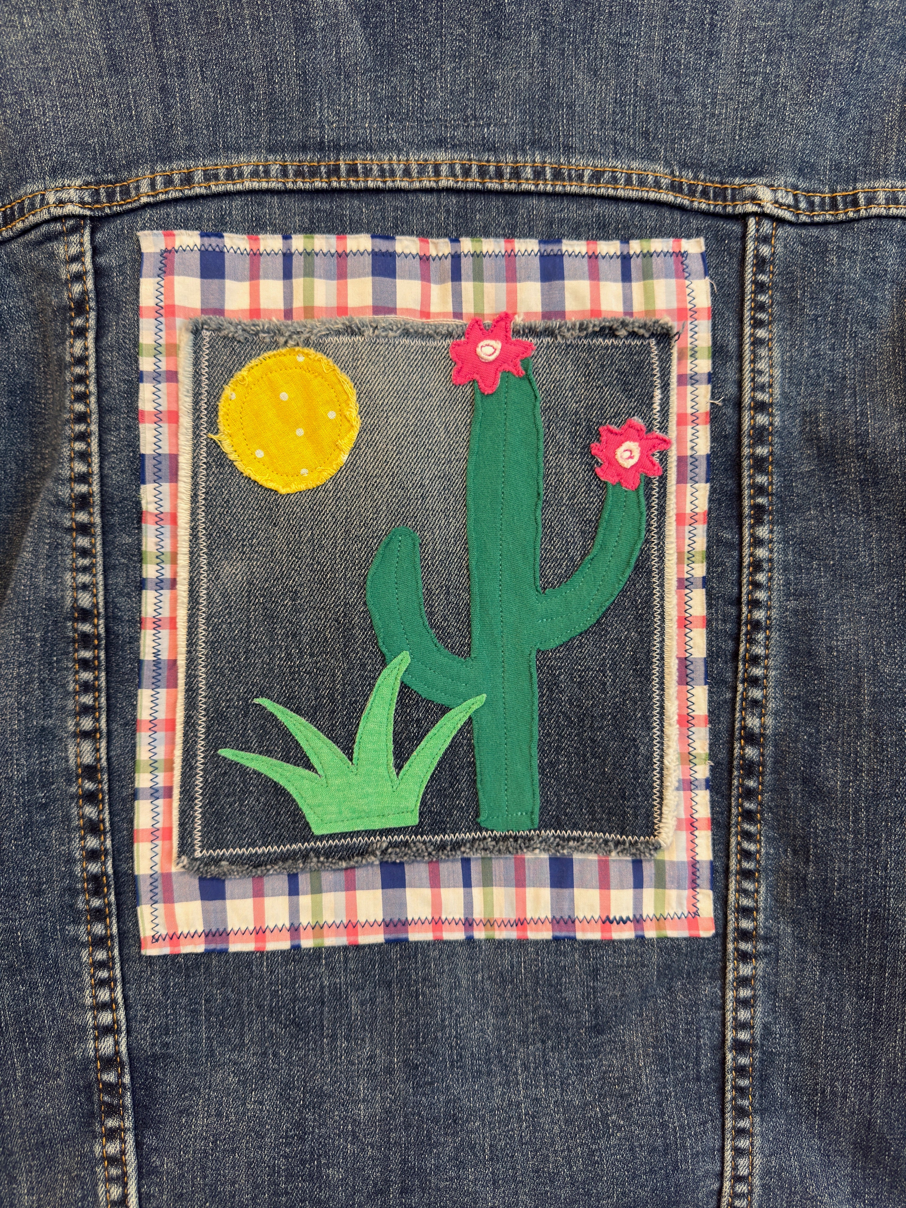 Upcycled Denim Jacket with Blooming Cactus Art Applique (L)