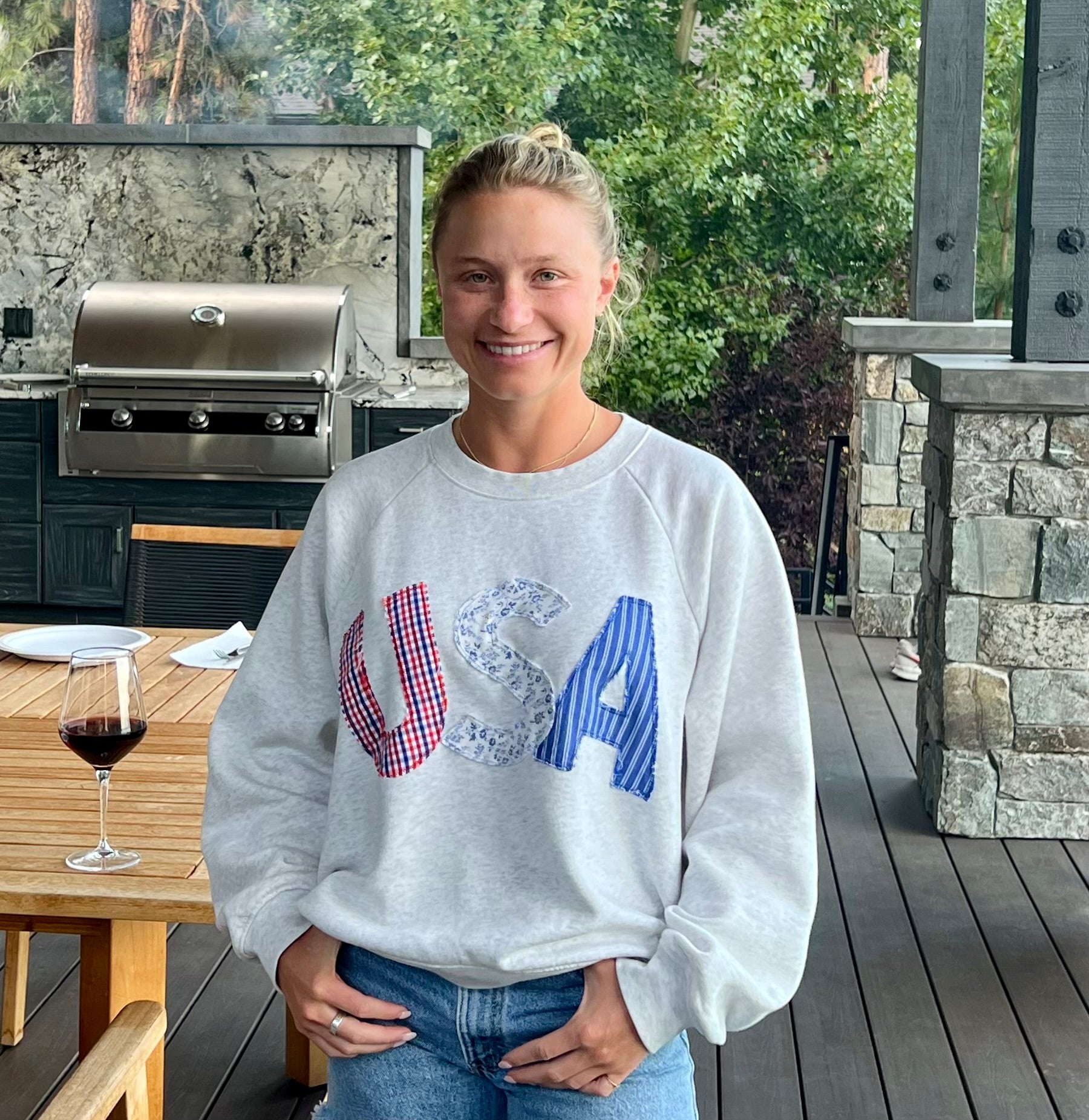 American Spirit USA Patchwork Sweatshirt – Heathered Crewneck with Upcycled Appliqué