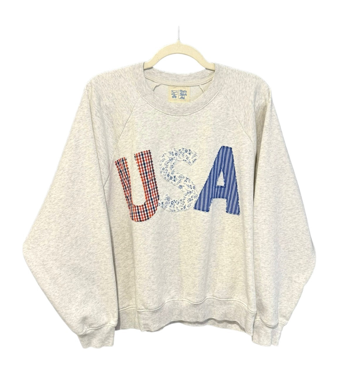 American Spirit USA Patchwork Sweatshirt – Heathered Crewneck with Upcycled Appliqué
