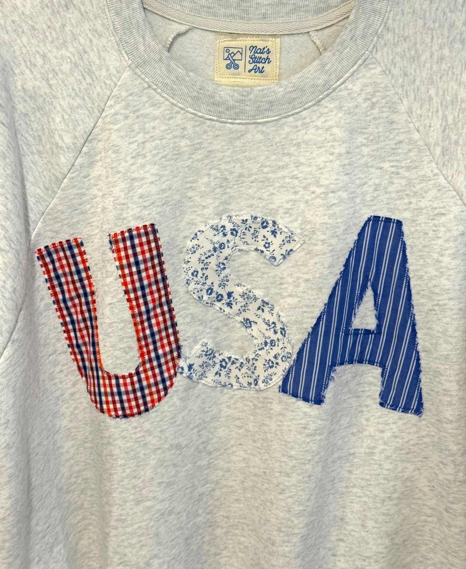 American Spirit USA Patchwork Sweatshirt – Heathered Crewneck with Upcycled Appliqué