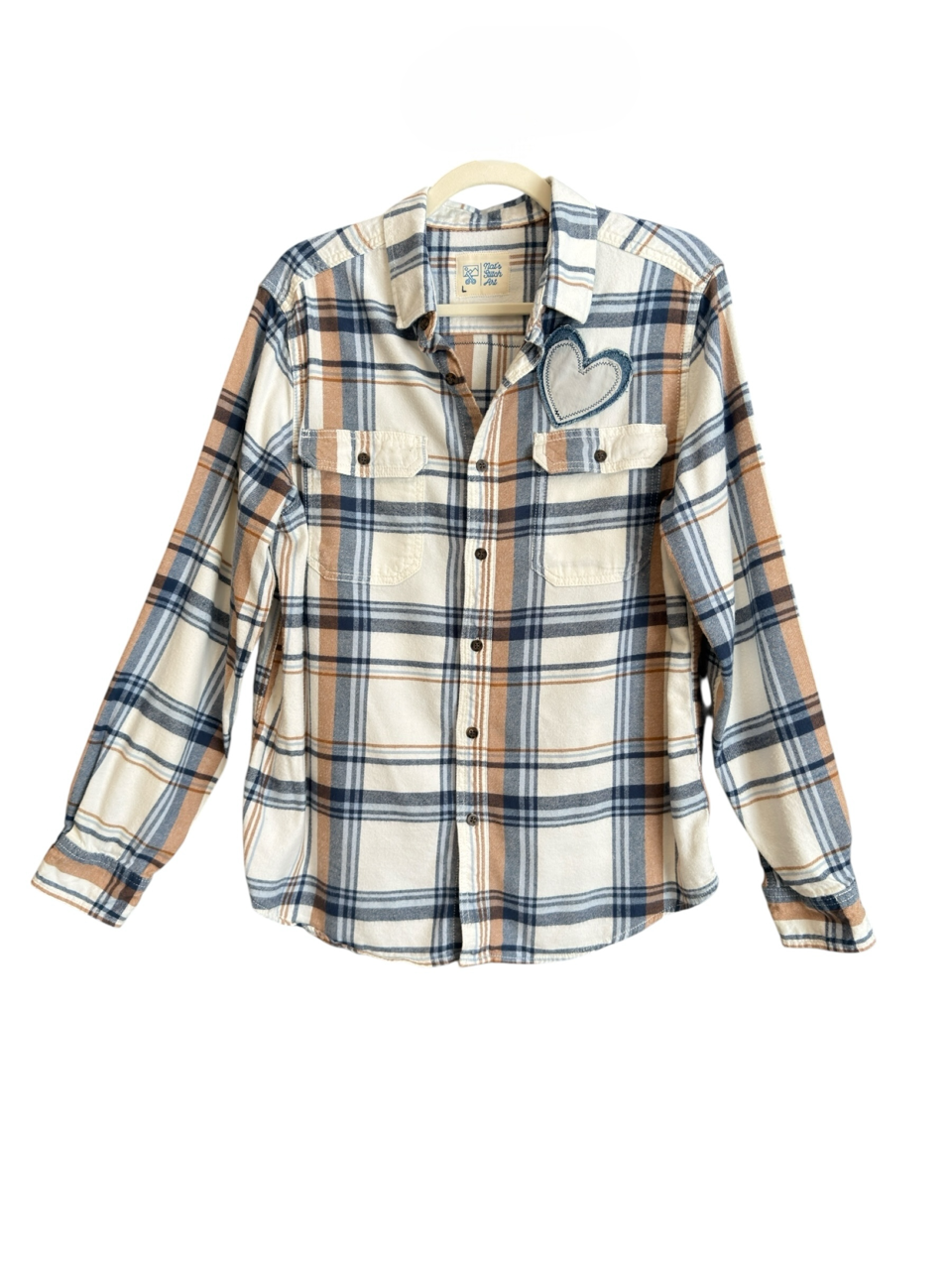 Desert Series Flannel Shirt - Cream, Tan & Blue Plaid with Upcycled Art Applique (L)
