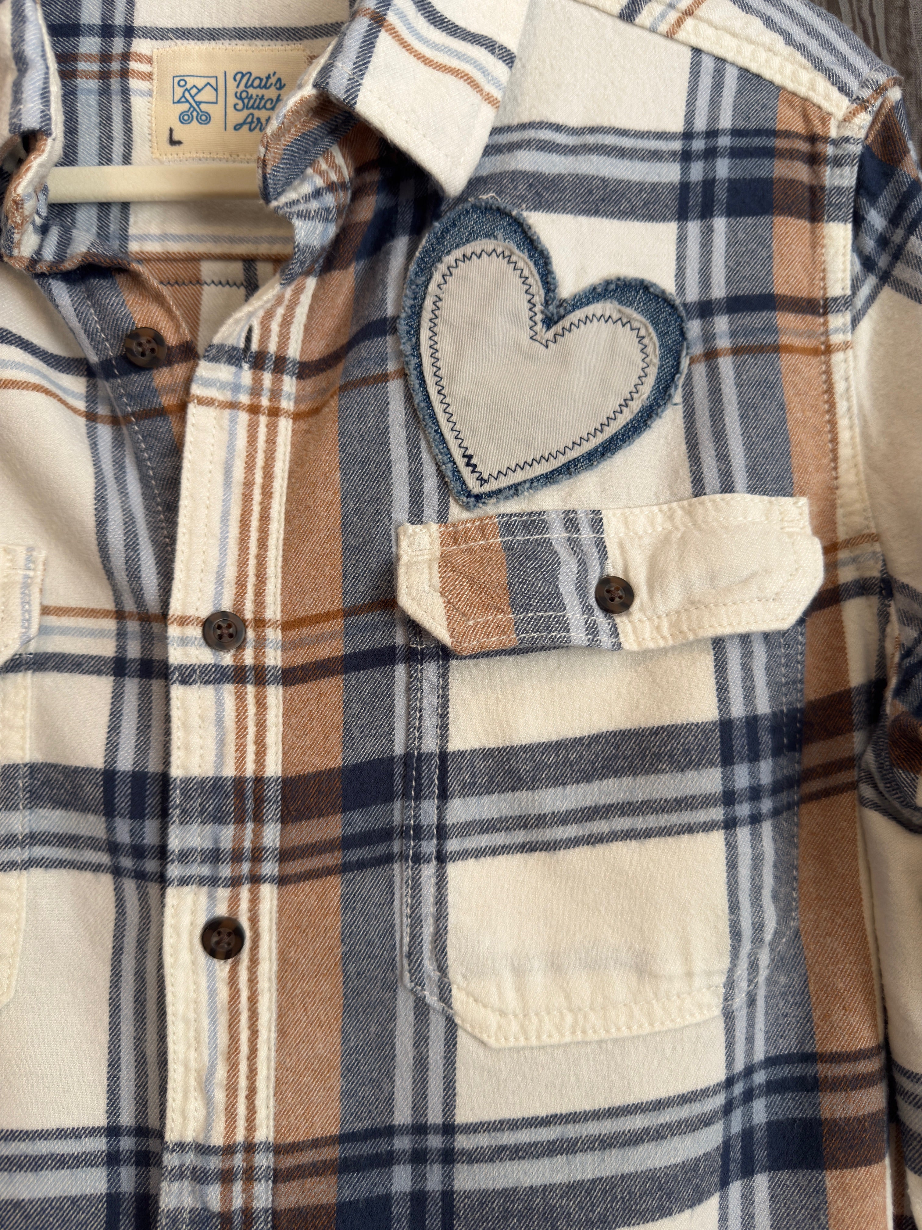 Desert Series Flannel Shirt - Cream, Tan & Blue Plaid with Upcycled Art Applique (L)