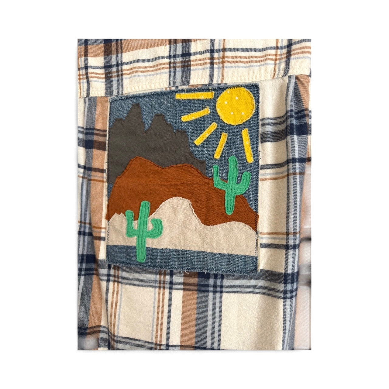 Desert Series Flannel Shirt - Cream, Tan & Blue Plaid with Upcycled Art Applique (L)