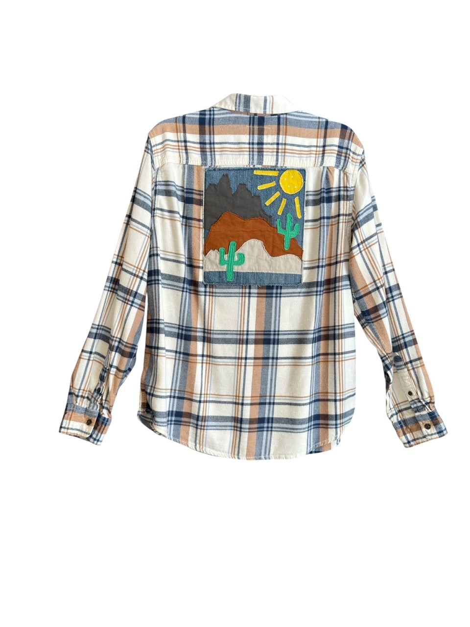 Desert Series Flannel Shirt - Cream, Tan & Blue Plaid with Upcycled Art Applique (L)