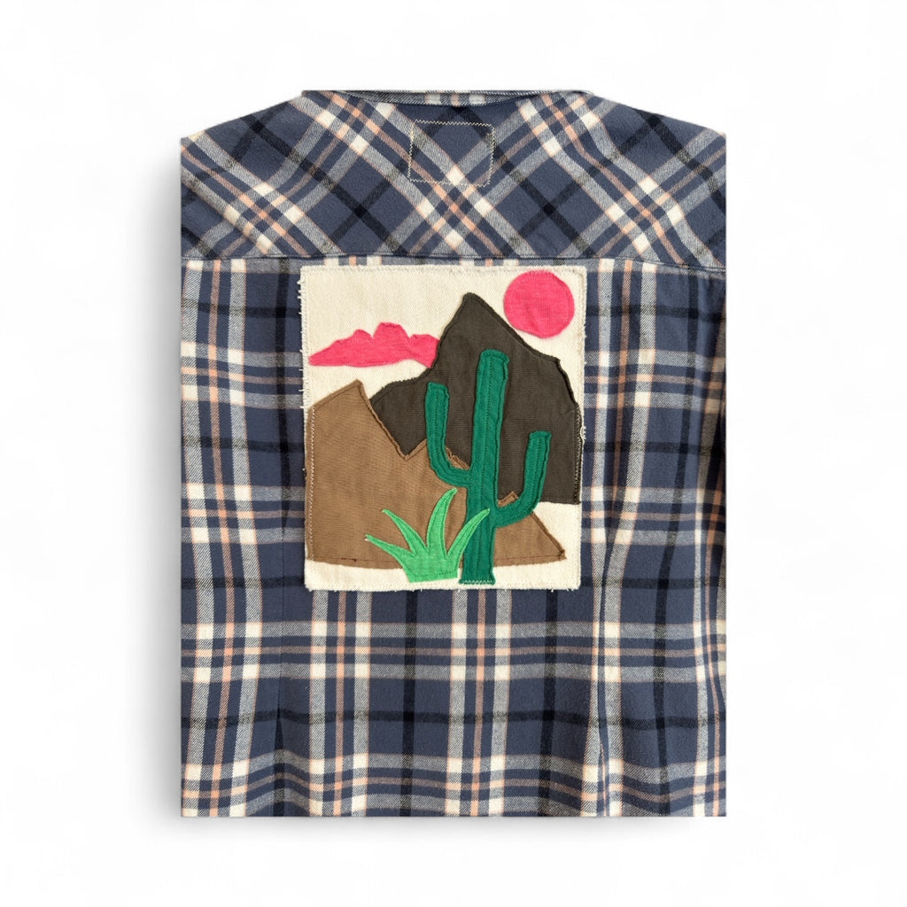 Desert Series Flannel Shirt – Blue, White and Pale Pink with Art Applique (S)