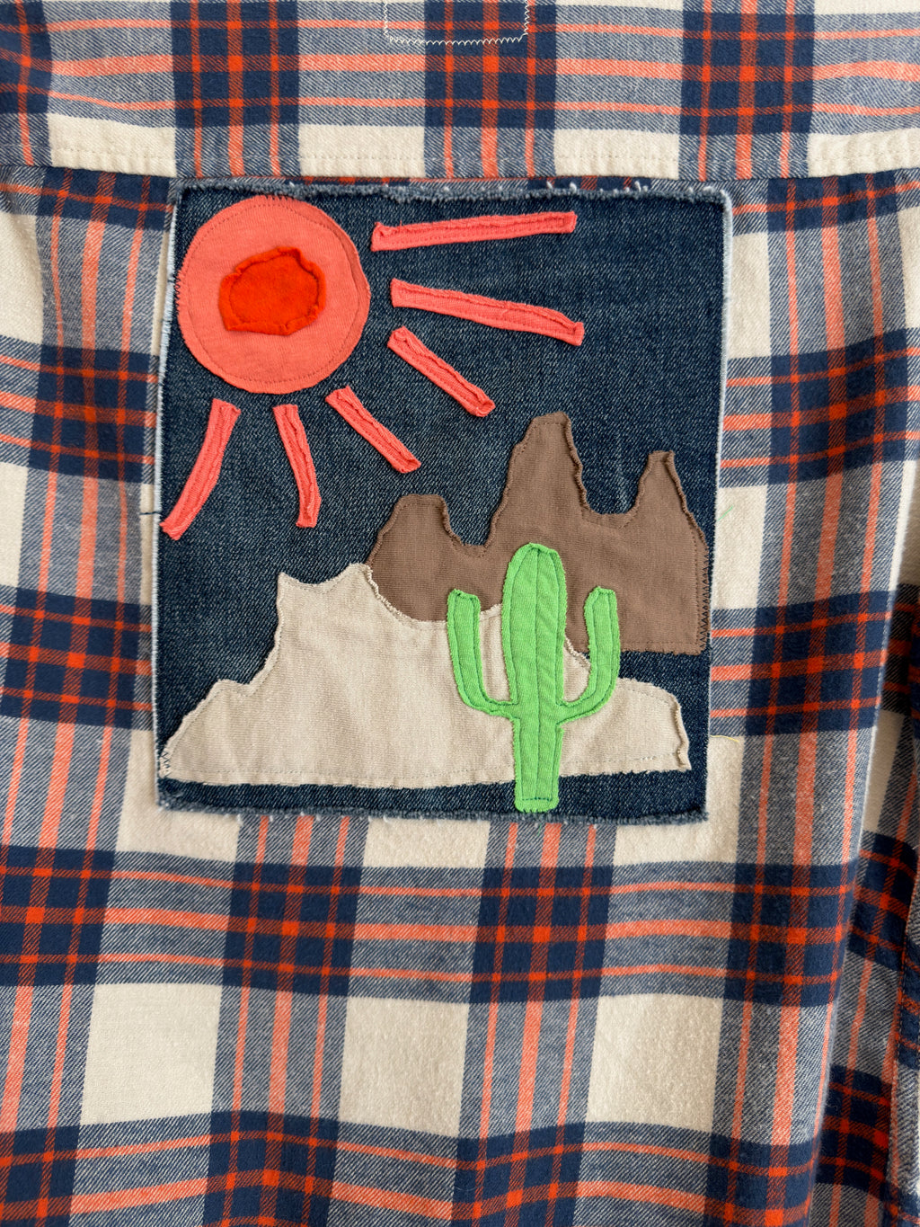 Desert Series Flannel Shirt - White, Coral & Blue Plaid with Art Applique (M)