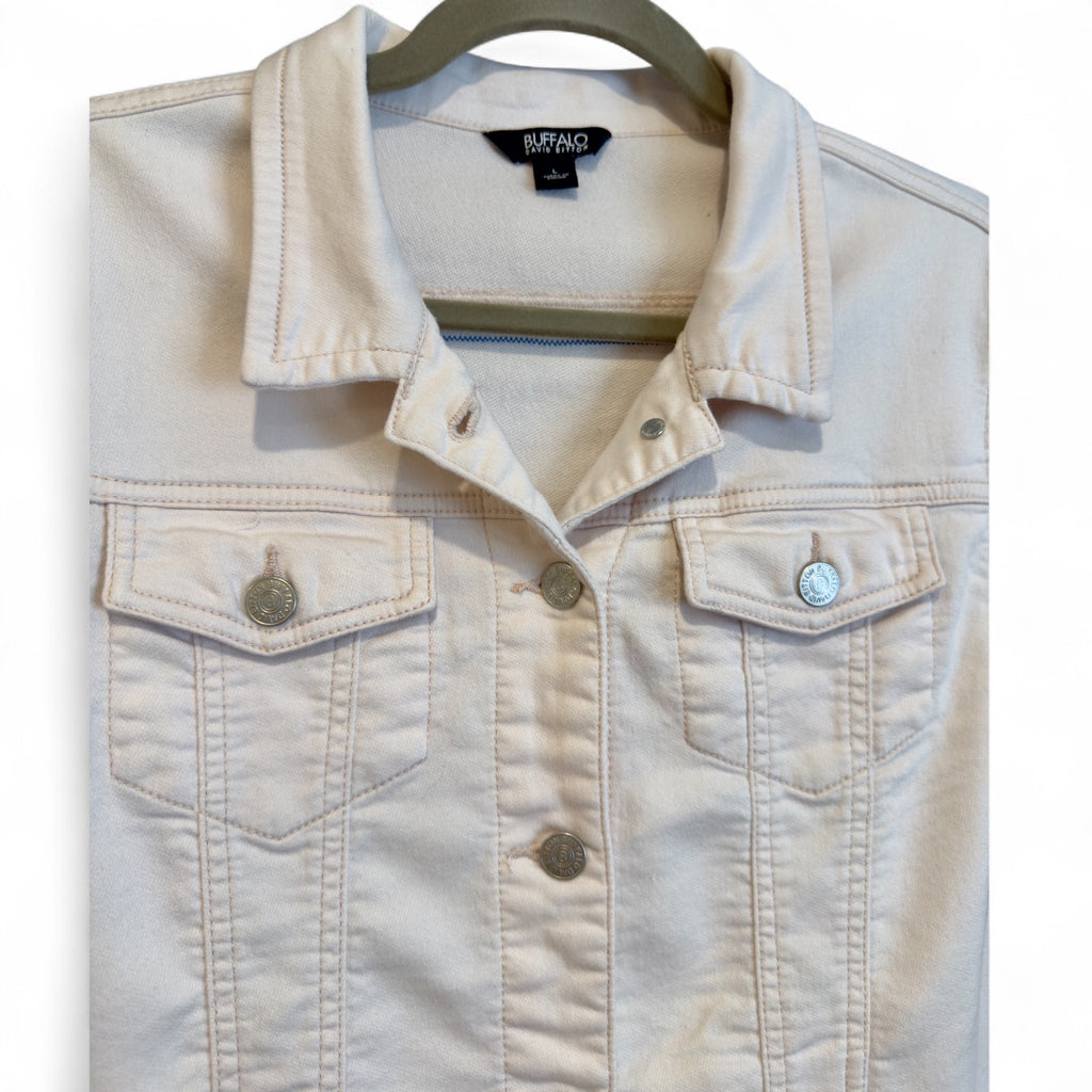 Upcycled Denim-Style Jacket with Sunrise Rider Art Applique (L)