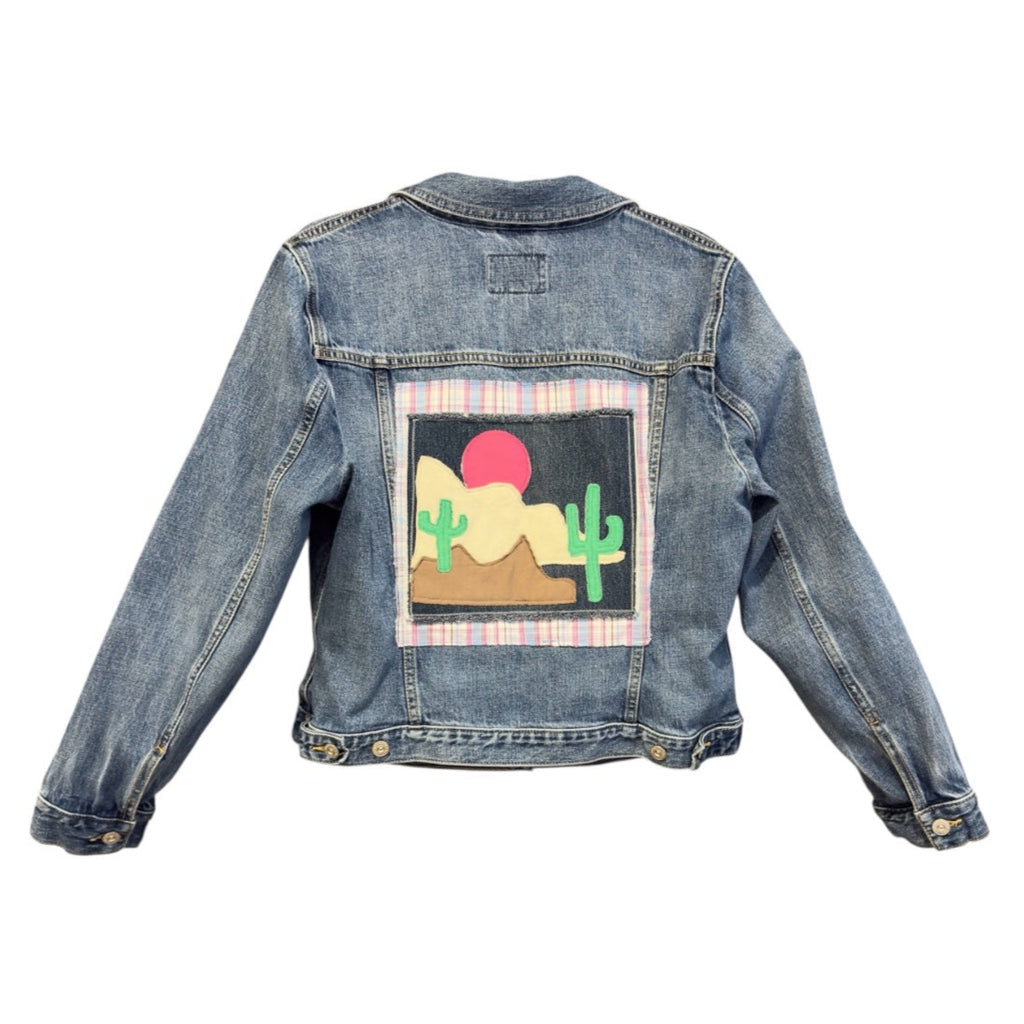 Upcycled Denim Jacket with Desert Sunset Art Applique (L)