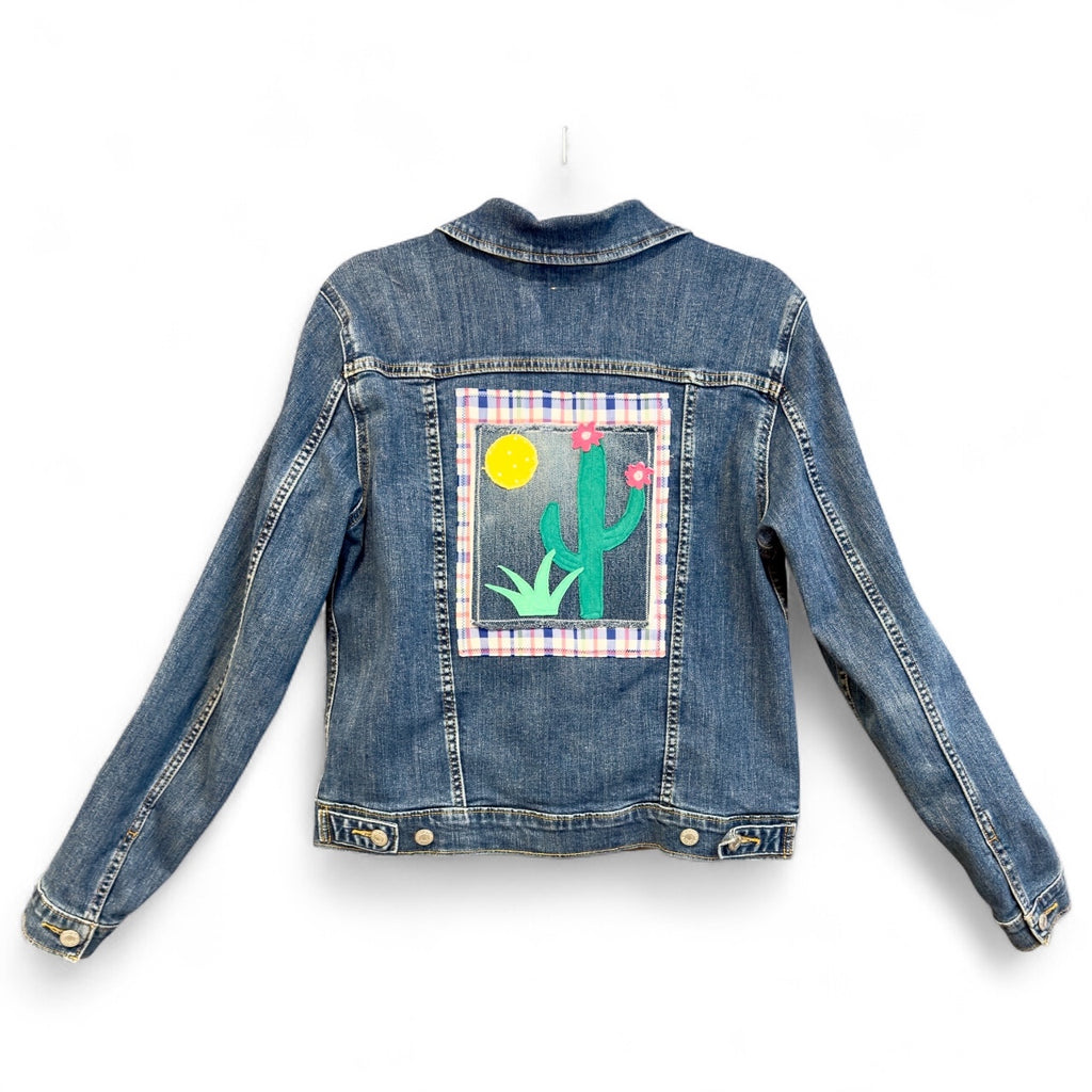Upcycled Denim Jacket with Blooming Cactus Art Applique (L)