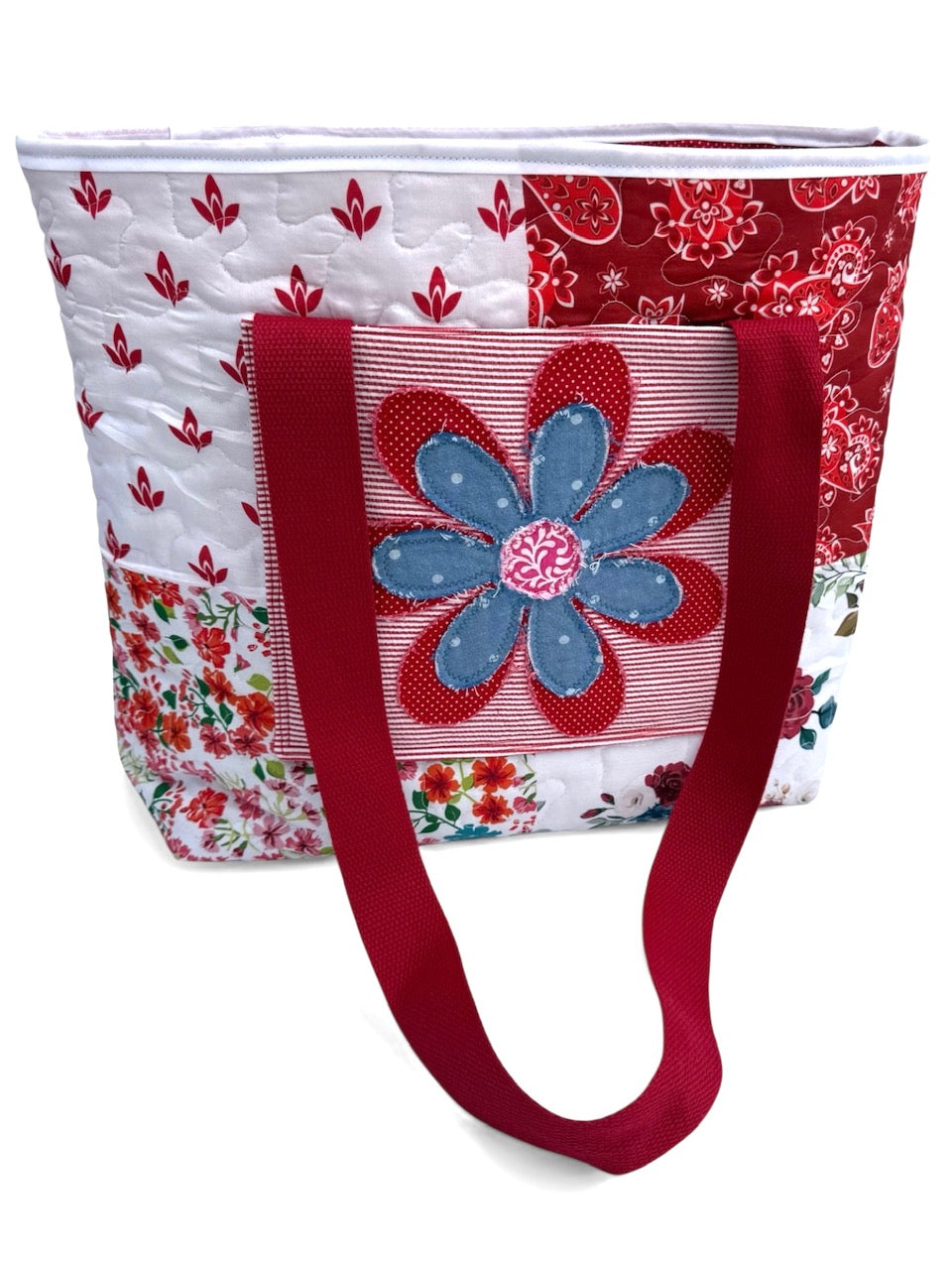 Quilted Patchwork Tote Bag with Flower Applique – Red & White