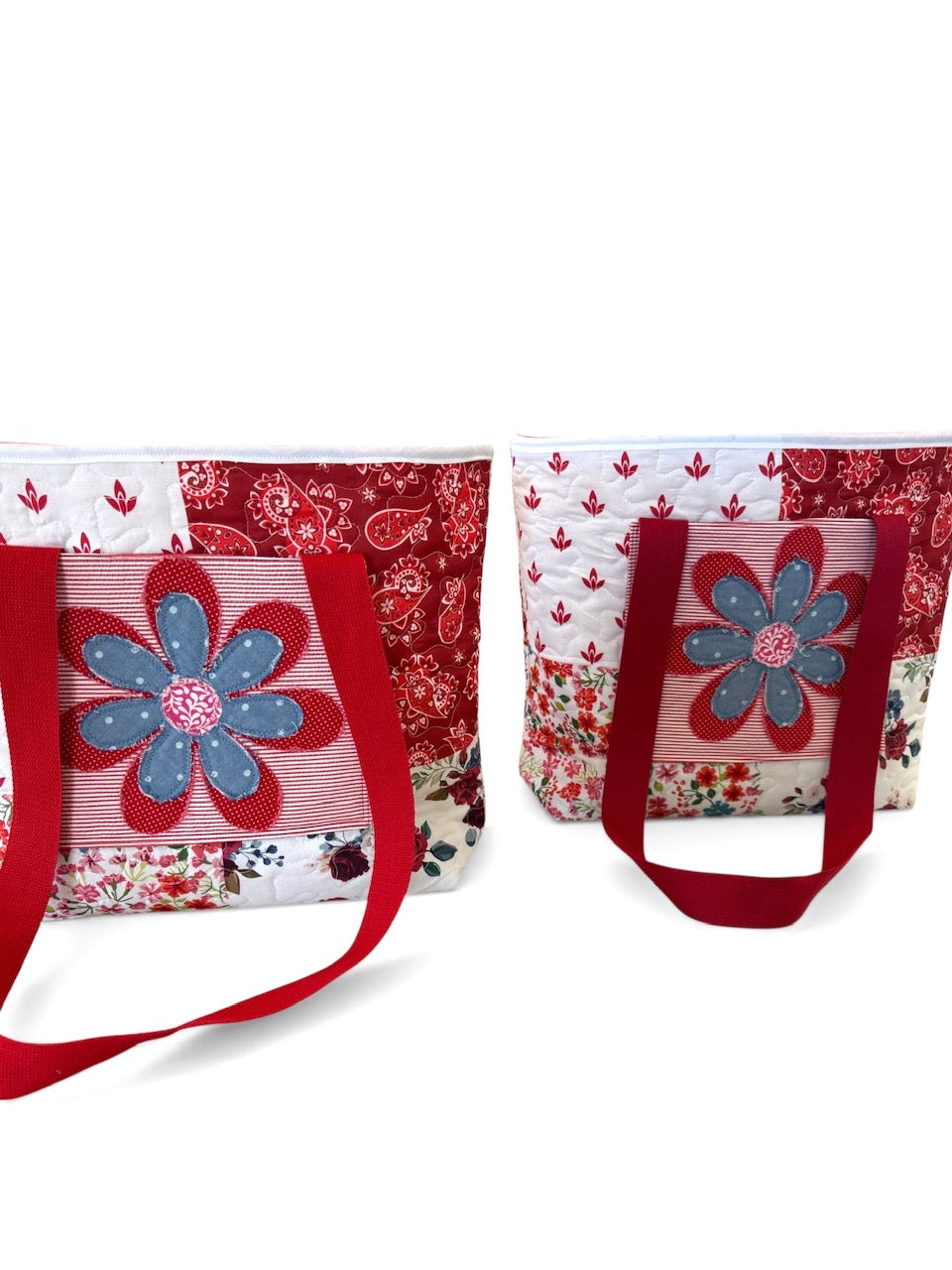 Quilted Patchwork Tote Bag with Flower Applique – Red & White