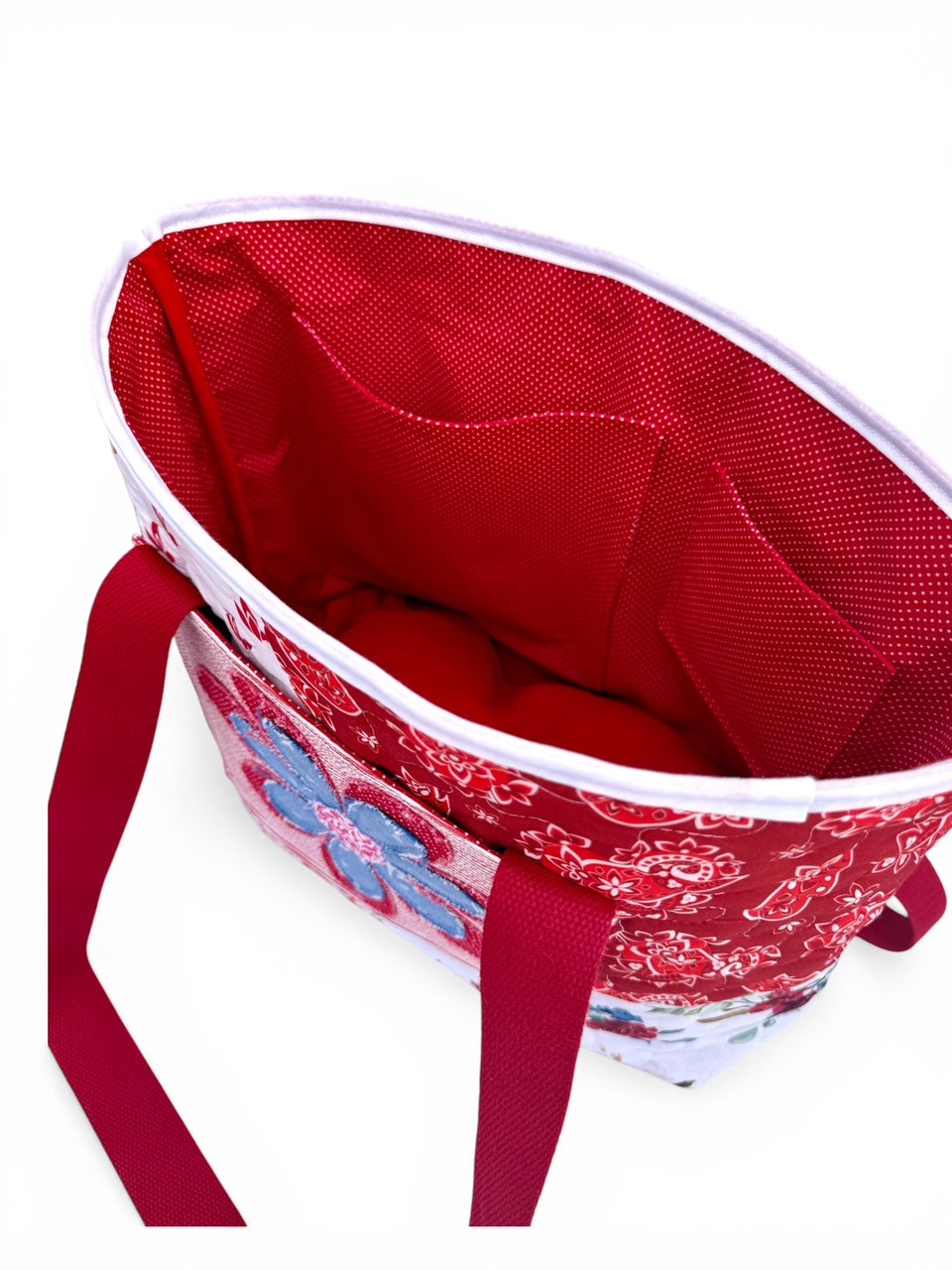 Quilted Patchwork Tote Bag with Flower Applique – Red & White